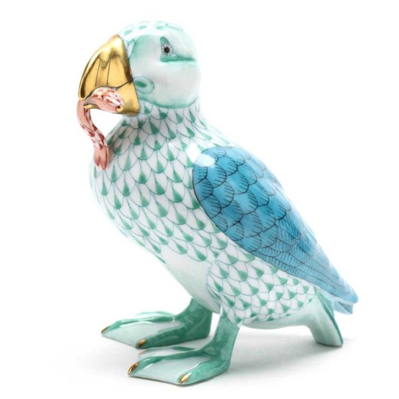 Herend Other - O1-Retired Herend Fishnet Puffin with Fish Figurine